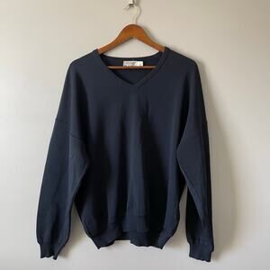 St. Croix Knits Vintage Dark Navy Blue V-neck Sweater 100% Merino Wool sz L